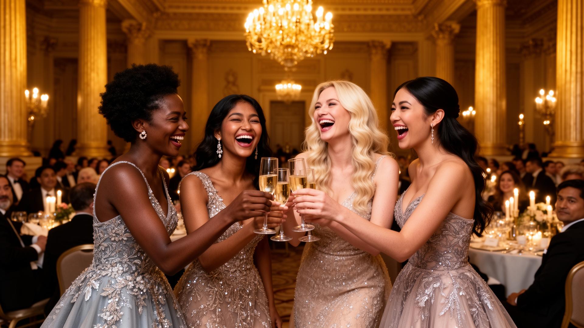 A grand Manhattan ballroom gala with chandeliers, tall floral centerpieces, and guests in black-tie attire.