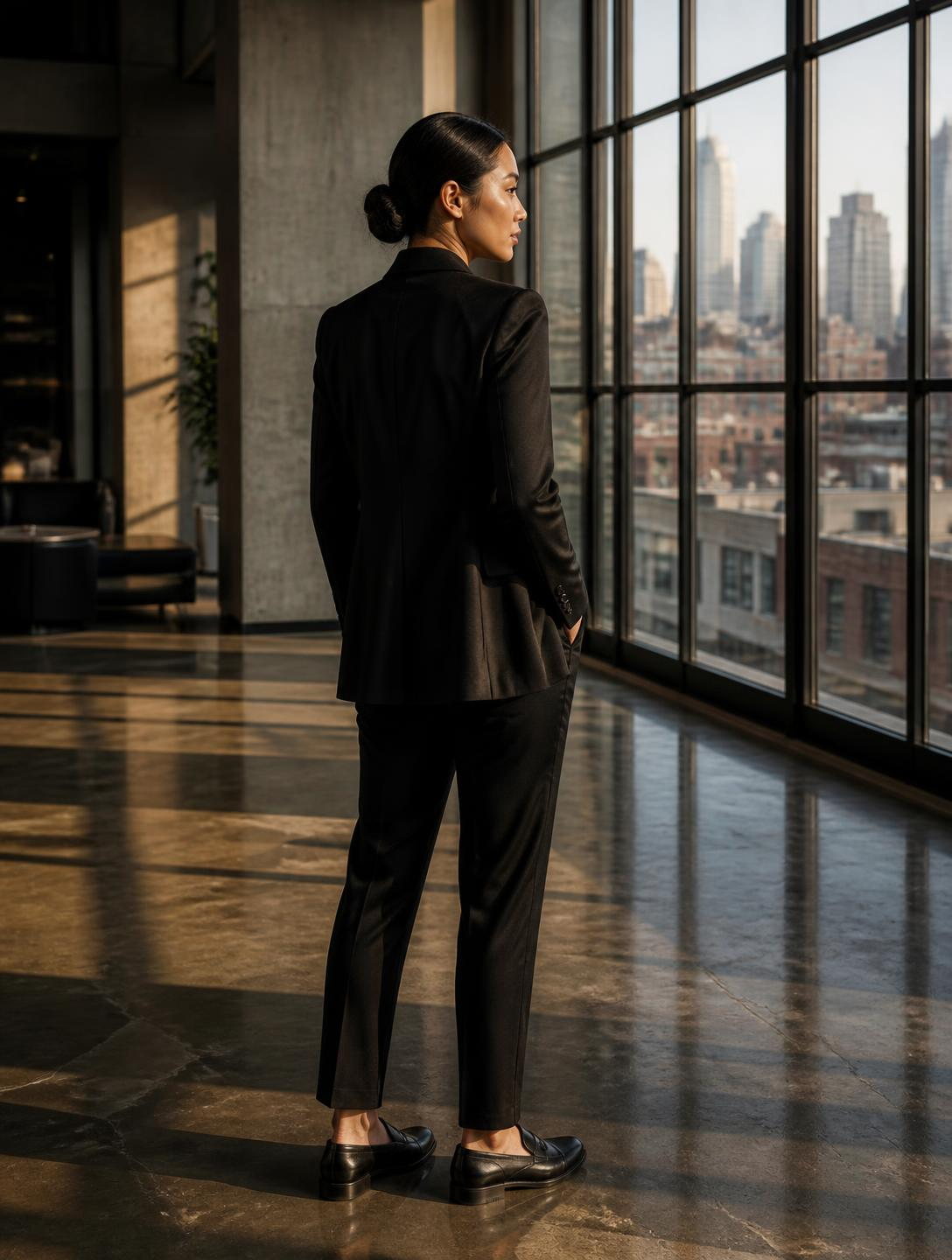 A woman in a black blazer, tailored trousers and loafers, seen from behind, looking out over downtown Manhattan from a loft lobby in late-afternoon light.