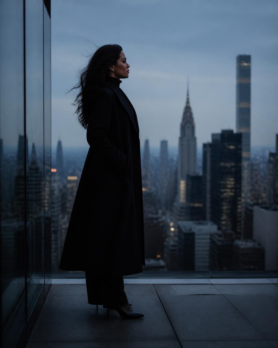 A woman in a long structured black coat, seen in profile at the edge of a Midtown high-rise terrace at dusk, the skyline softly out of focus behind her.