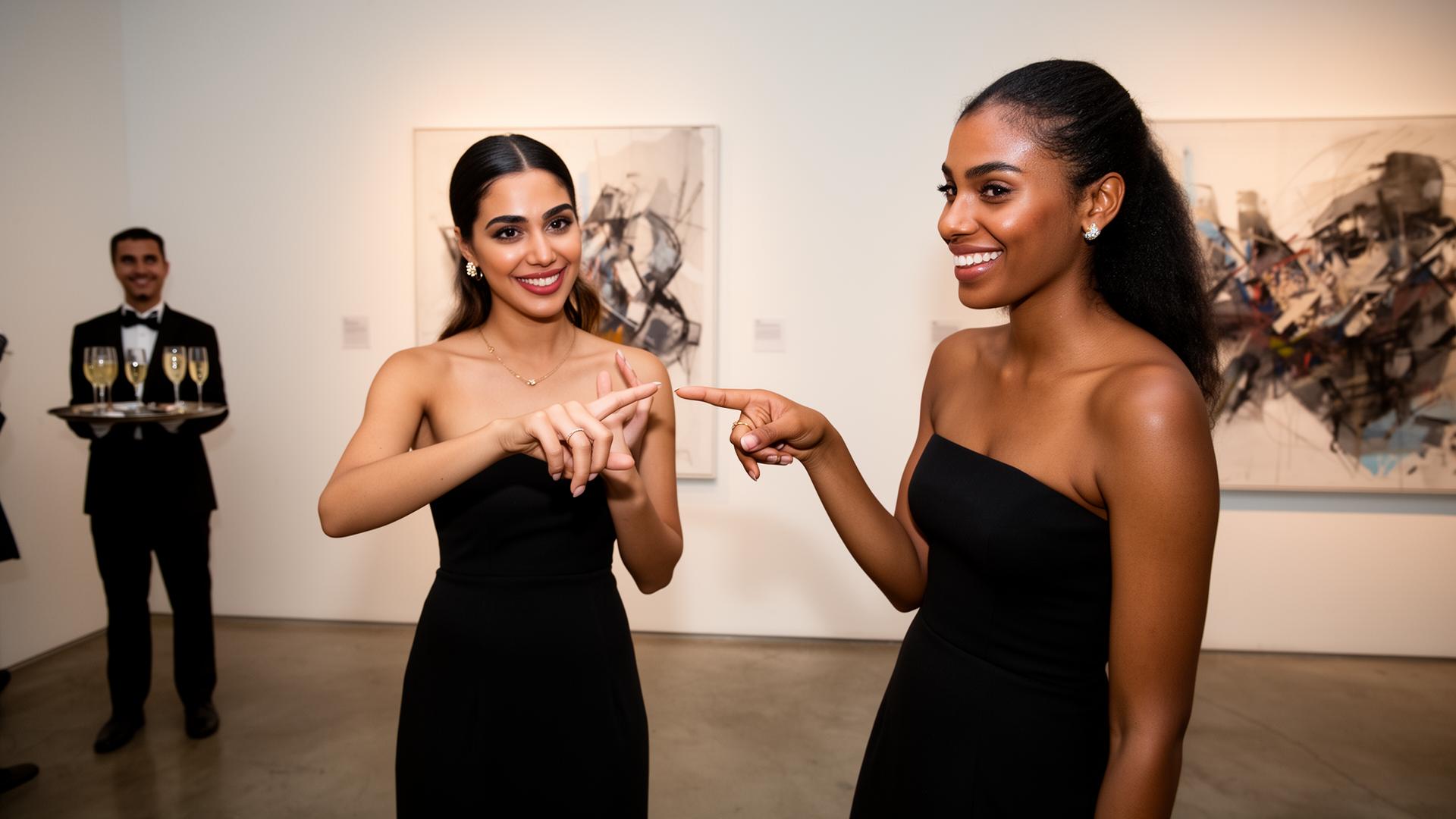 Two women in a private after-hours showing inside a Madison Avenue handbag boutique, lit vitrines on either side.