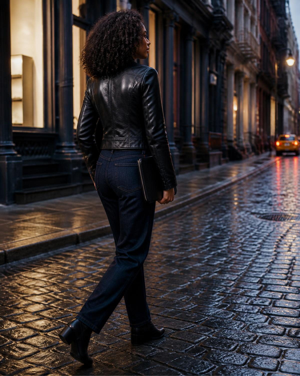 A woman in a black leather jacket, dark denim and boots walking along a cast-iron SoHo street at dusk, seen from behind.