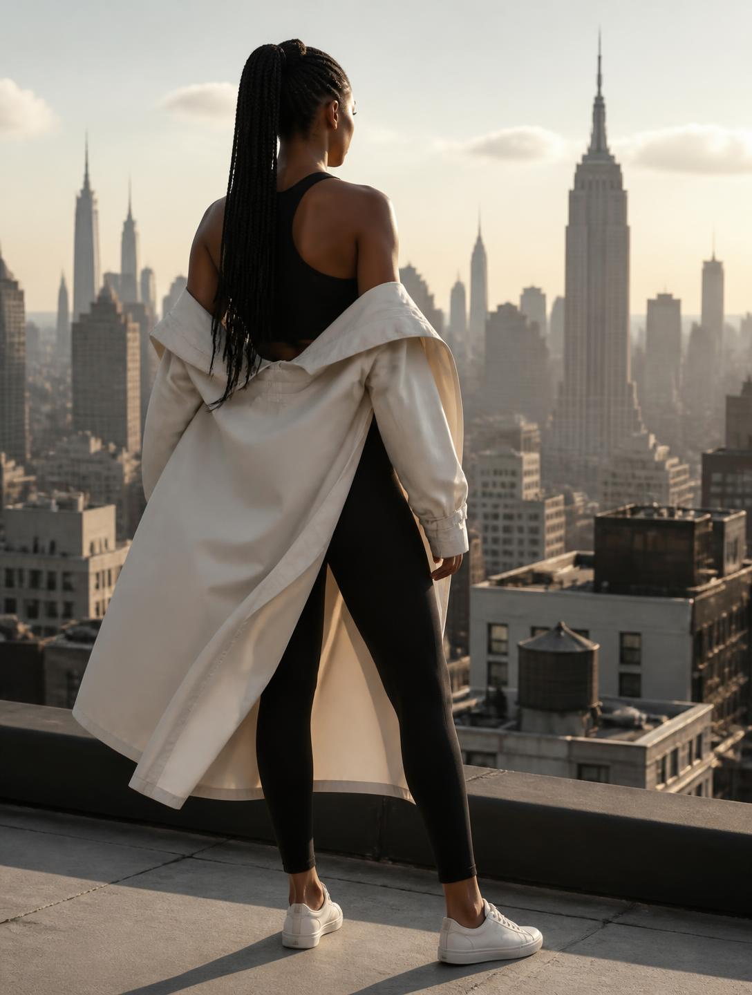 A woman in black activewear under an open bone-white trench coat, seen from behind, standing at the edge of a Manhattan rooftop in early-morning light.