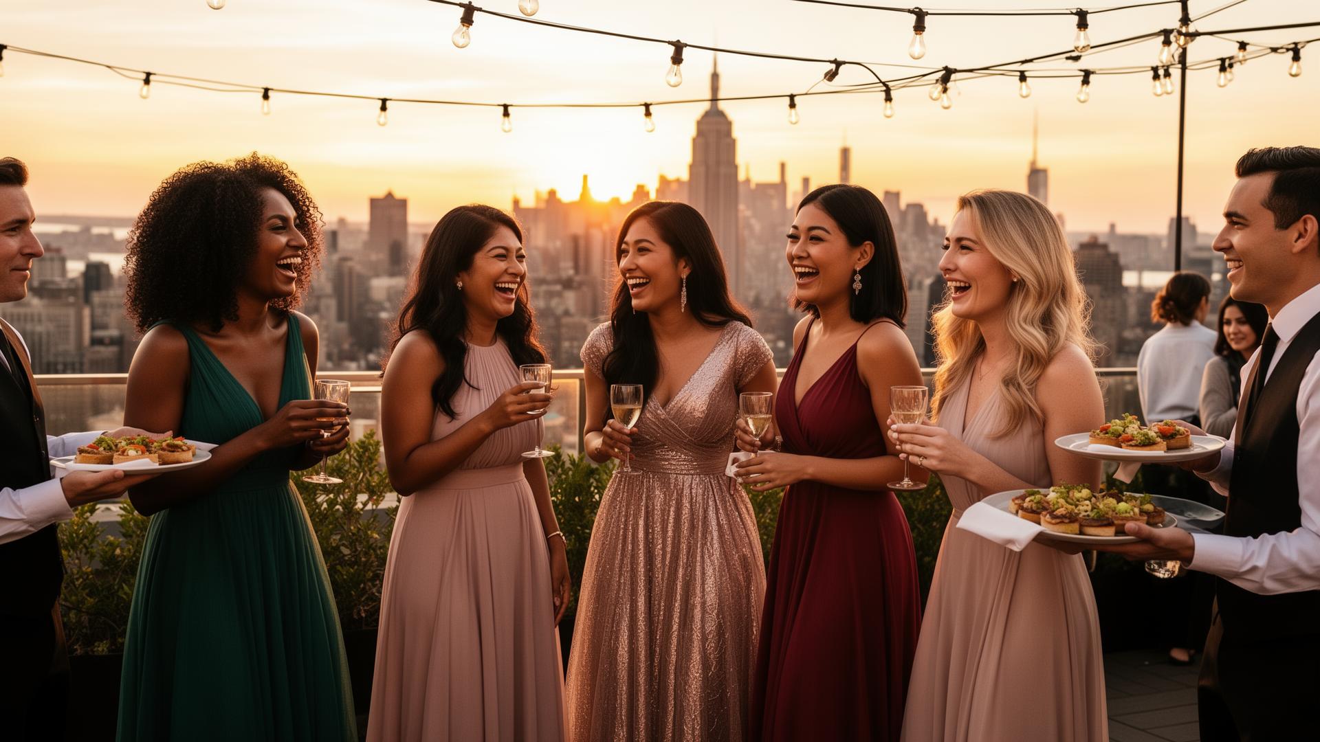 A black-tie rooftop reception above Manhattan at twilight with a champagne tower and guests in gowns and tuxedos.