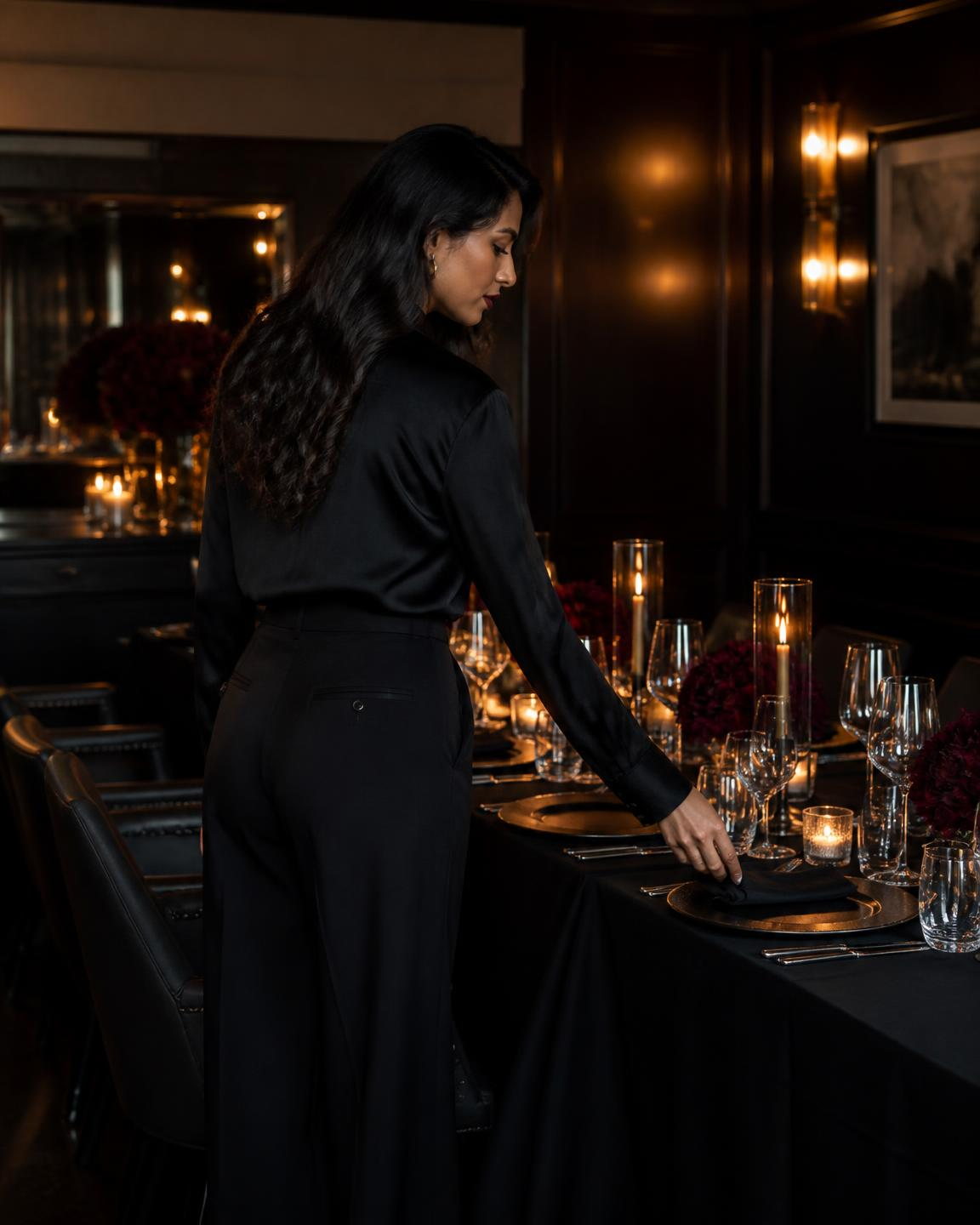 A woman in a black silk blouse and wide-leg trousers adjusting a place setting in a candlelit private dining room, seen from the side.