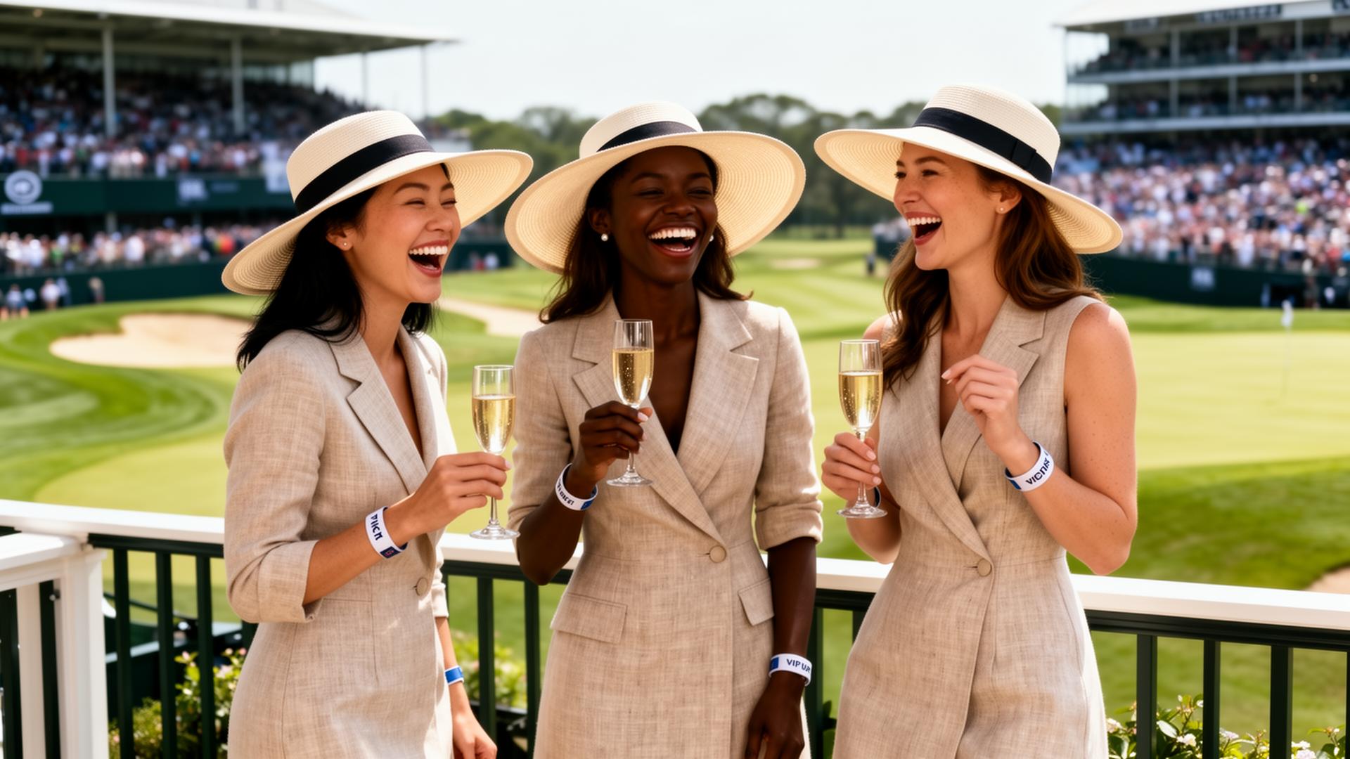 Elegantly dressed women watch a golf tournament from a private hospitality terrace overlooking the green.
